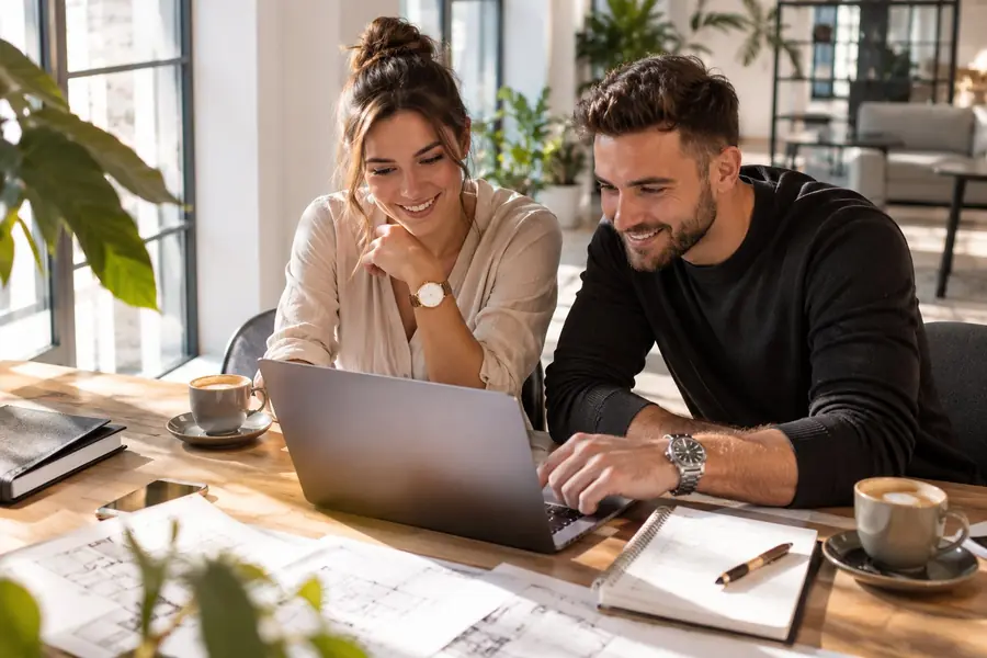 Zwei Gründer arbeiten gemeinsam an einem Laptop