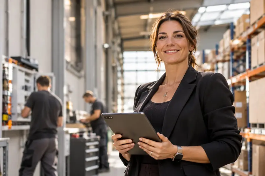 Unternehmerin mit Tablet in ihrer Werkstatt
