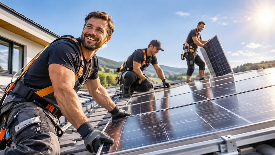 Montageteam installiert Photovoltaikmodule auf einem Dach