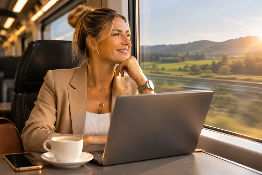 Unternehmerin reist mit Laptop im Zug